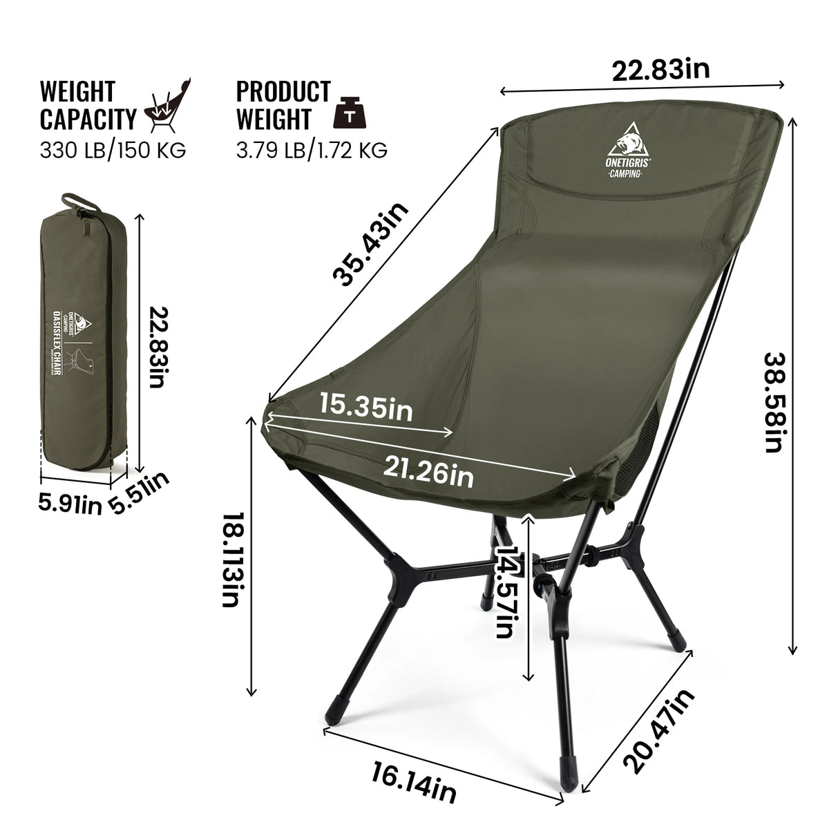 OneTigris Oasisflex Camping Folding Chair Lightweight Portable High Back Tourist Chairs for Hiking Relaxing Travel Fishing