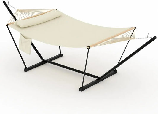 Tacleekii Double Hammock with Stand, 450lbs Capacity, 2 Person Portable Hammock with Pillow for Garden Yard, Camping, Patio