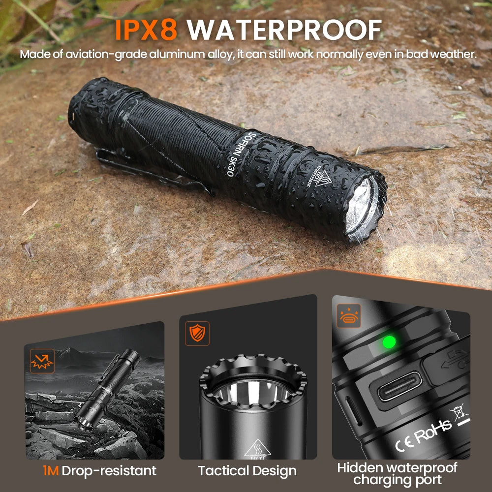 SOFIRN SK30 3000 High Lumen 6000K Tactical Flashlight USB C 21700 Rechargeable Pocket Torch with Dual Tail Switches