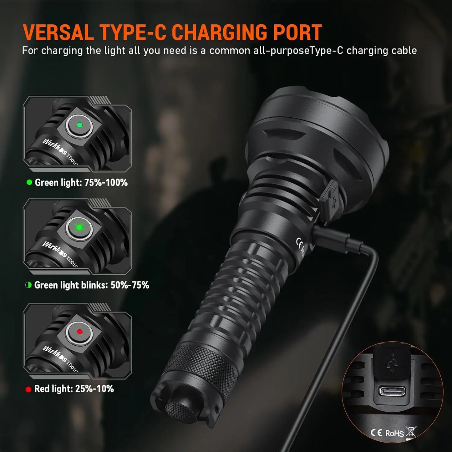 Wurkkos TD01C 21700 Rechargeable Tactical Flashlight LED USB-C 1800Lm Torch Buck Driver Throw 1000M IPX8 Waterproof Tail Switch
