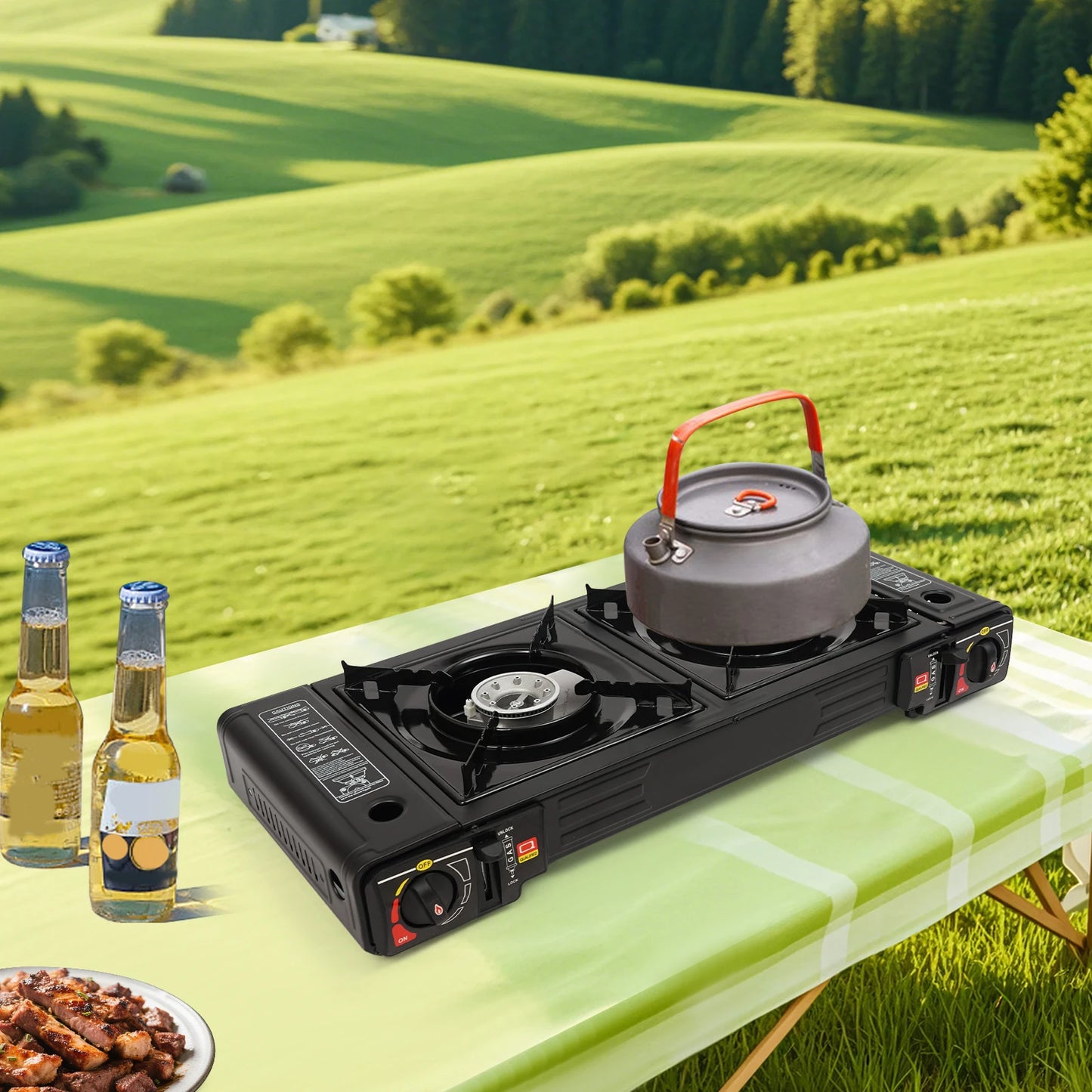 2500W Portable Camping Stove 2 Burners Camping Stove with Baking Tray & Portable Case Use Butane or LPG Home Application Outdoor