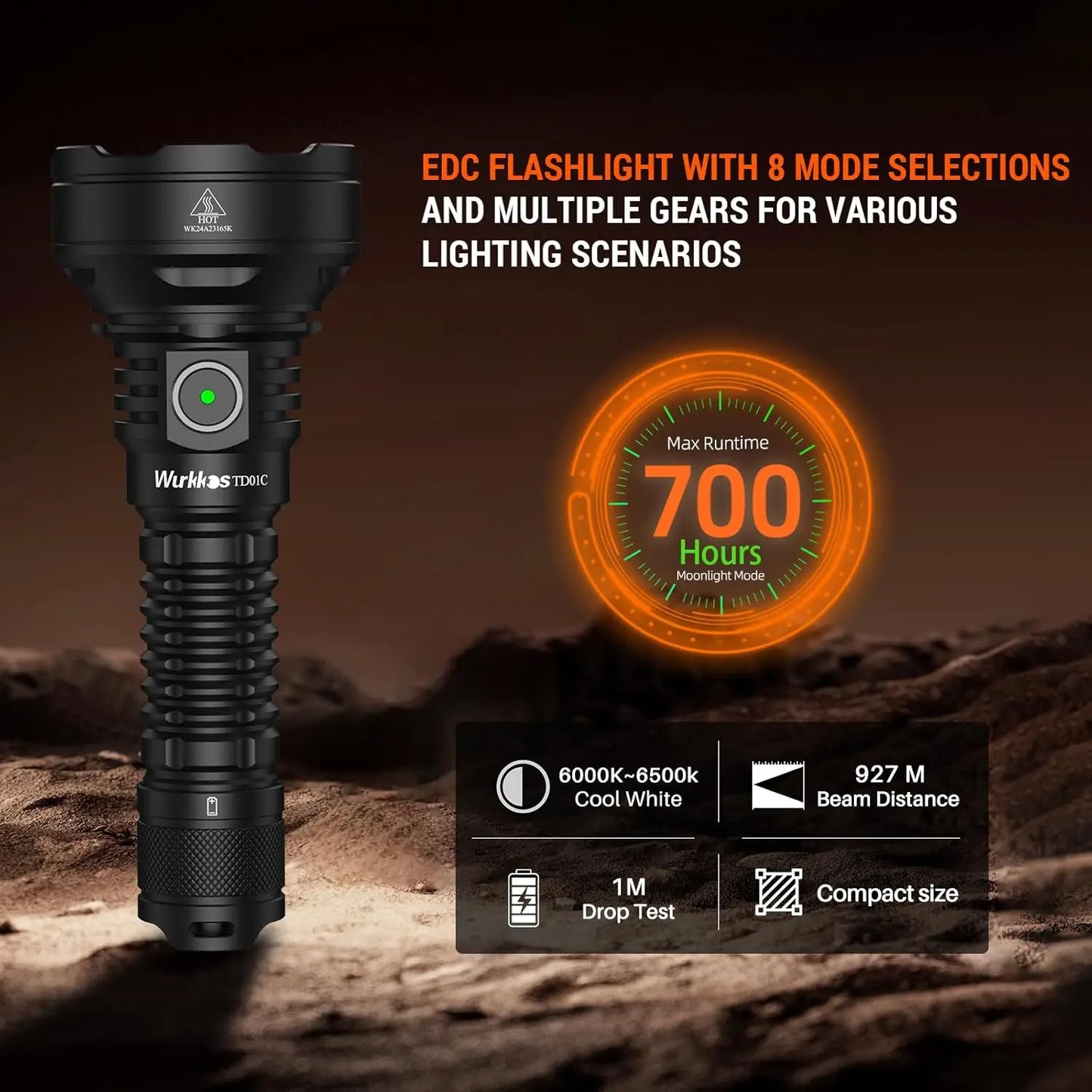 Wurkkos TD01C 21700 Rechargeable Tactical Flashlight LED USB-C 1800Lm Torch Buck Driver Throw 1000M IPX8 Waterproof Tail Switch
