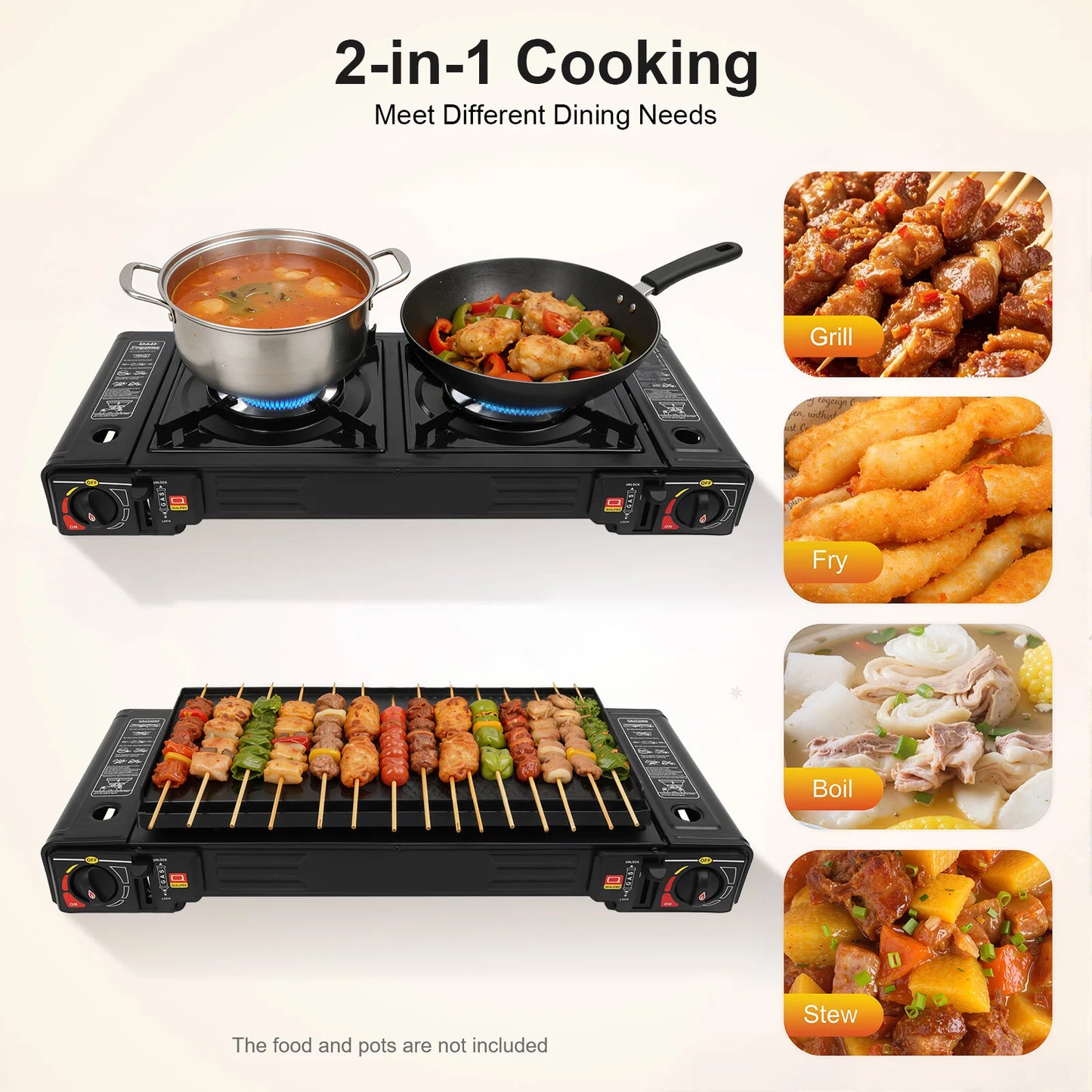 2500W Portable Camping Stove 2 Burners Camping Stove with Baking Tray & Portable Case Use Butane or LPG Home Application Outdoor