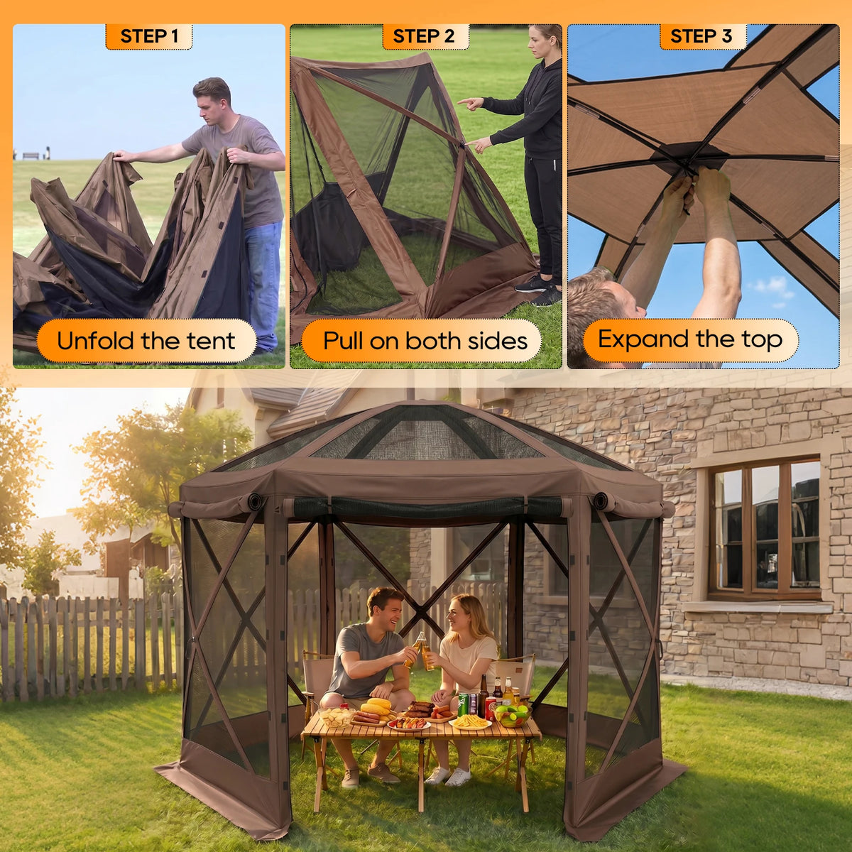 TCGBKAF 12x12 FT Pop Up Gazebo with Removable Top, Screen House Mosquito Net Canopy Tent Heavy‑Duty Waterproof Sun Shelter One‑Click Setup for Backyard Patio Garden Camping