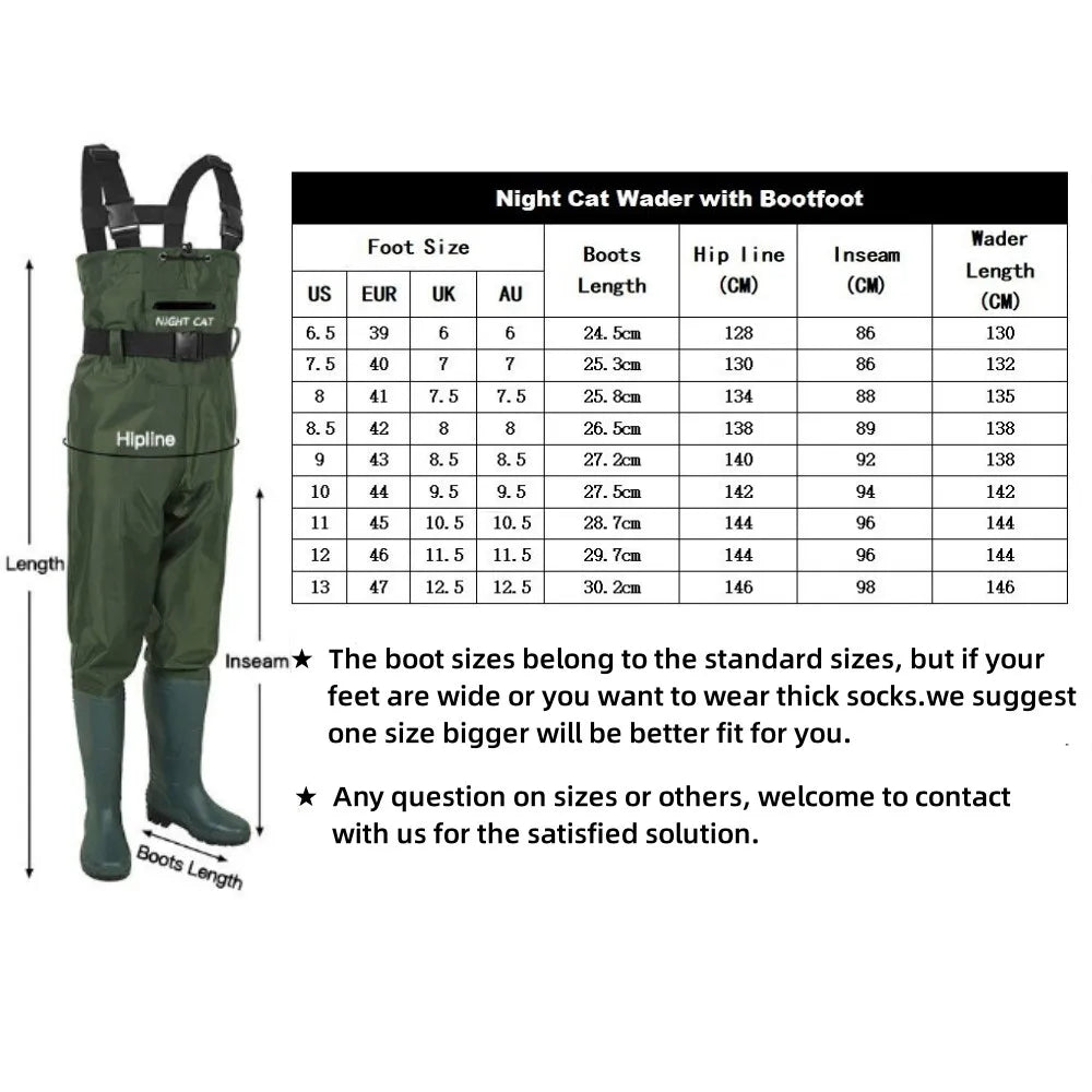Night Cat Fishing Wader for Men Women Farm Working Waterproof Hunting Chest Wader with Boots Belt Breathable Lightweight