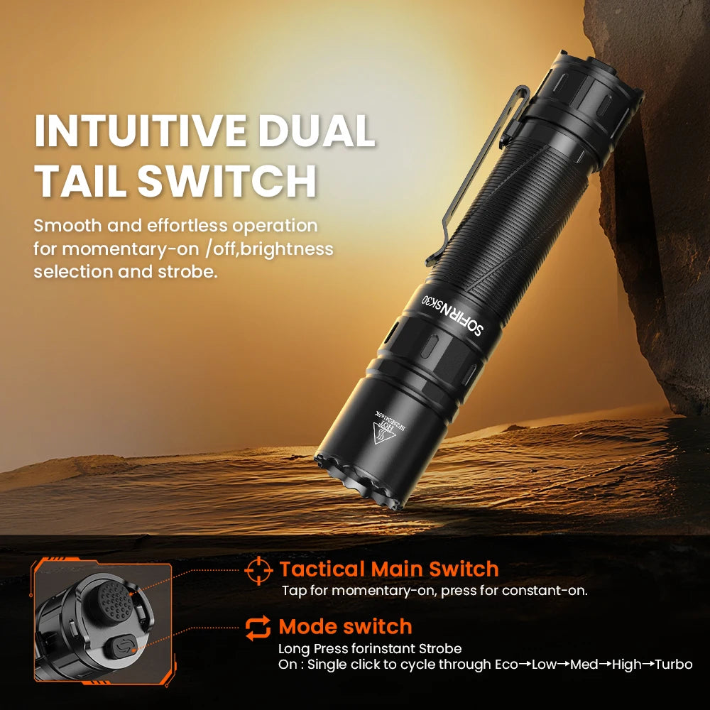 SOFIRN SK30 3000 High Lumen 6000K Tactical Flashlight USB C 21700 Rechargeable Pocket Torch with Dual Tail Switches